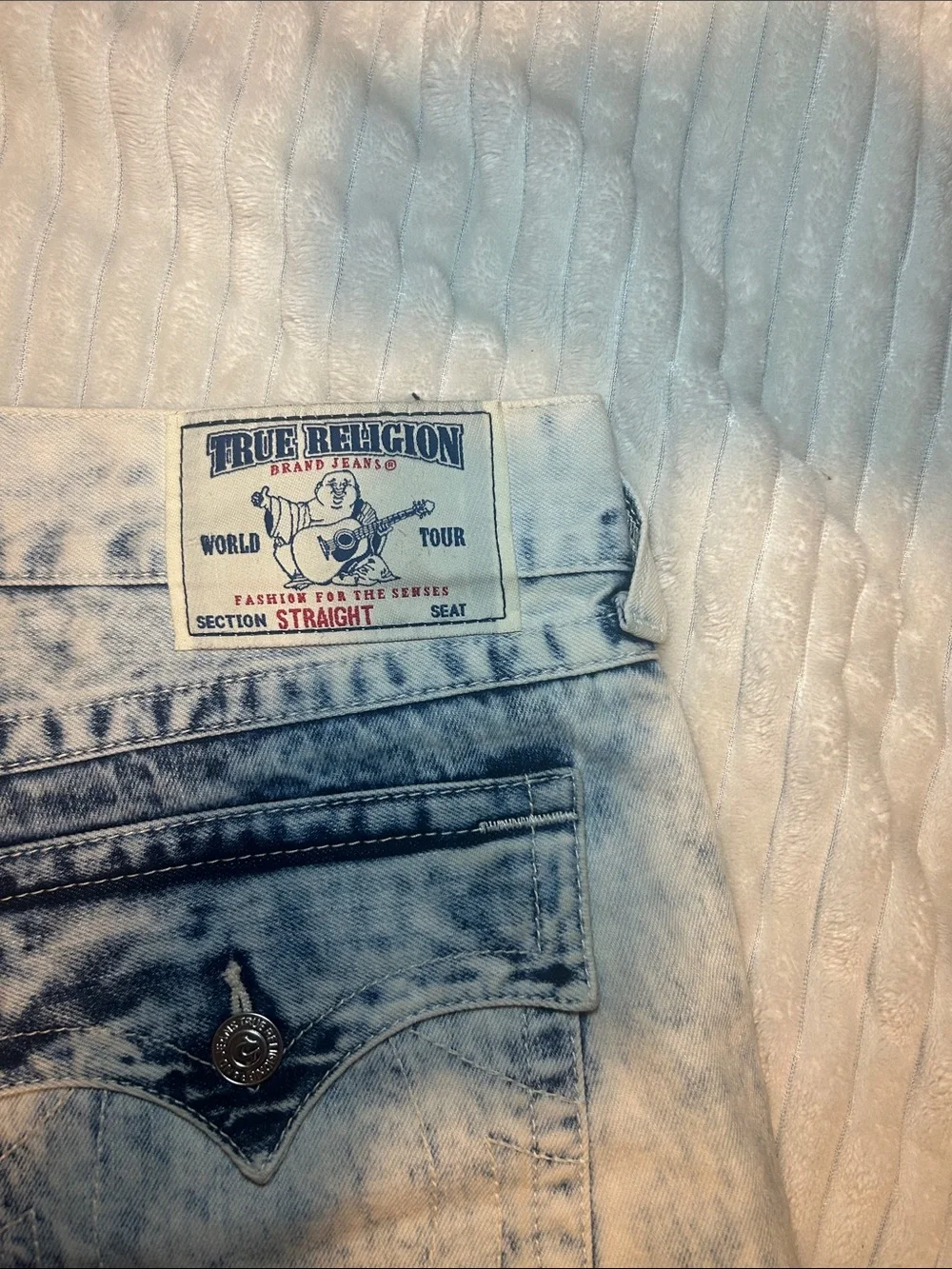 True Religion Men's Acid Wash Distressed Denim Shorts - Blue & White